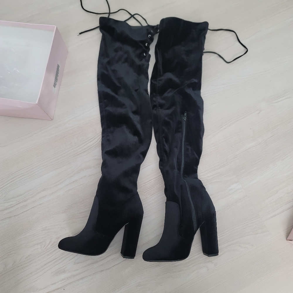 NEW JUST FAB Leona Black Heeled Knee High Suede Lace Up Boots Size 6 - Picture 5 of 17
